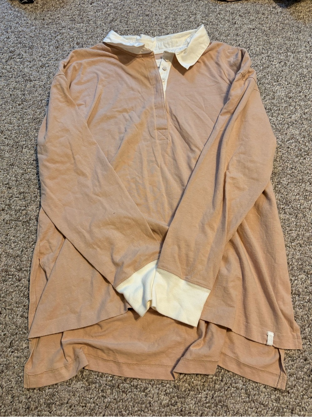 aerie Long-Sleeve Polo Shirt in Light Tan with White Collar